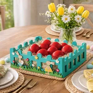 Ladita decorativa de Paste din lemn, forma gardulet, turcoaz, 19x19x7cm