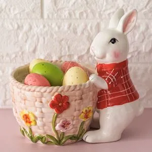 Suport ceramic pentru oua de Paste, Cosulet cu Iepuras, 14x21x21cm