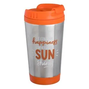 Pahar Cafea Metalic Argintiu cu Capac Portocaliu 340ml