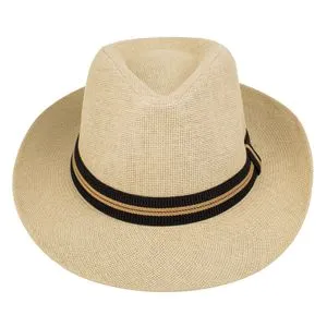 Palarie Panama Unisex din Paie, Marimea 59, Natural cu Banda Neagra si Dunga Bej