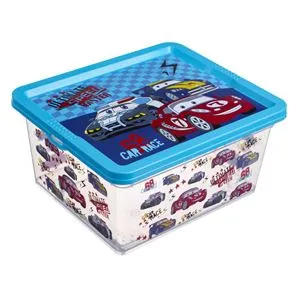 Cutie de depozitare transparentă cu capac pentru jucării, decorată cu mașini de