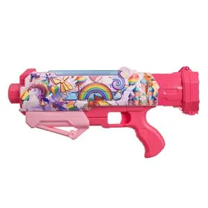 Pistol de apă din plastic, 36 cm, fucsia cu model curcubeu și unicorni