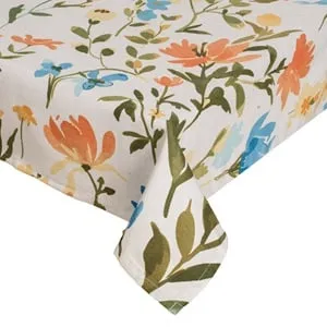 Fata de masa decorativa de vara, 240x140cm, Ecru, cu flori colorate si frunze