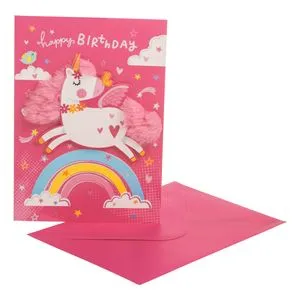 Felicitare Zi de Nastere Unicorn 3D Roz cu Mesaj Happy Birthday