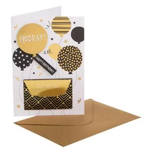 Felicitare Zi de Naștere cu Baloane Aurii și Negre, 13x19 cm, cu Plic și Buzunar pentru Bani