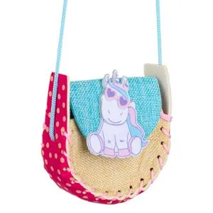 Posetă din paie pentru fete, cu imprimeu unicorn și ochelari de soare, 11x5x11cm