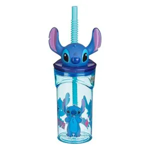 Pahar Plastic Turcoaz cu Pai 3D Stitch, Capacitate 360ml