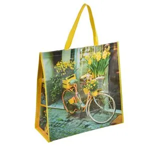 Sacosa reutilizabila din PP, Galbena cu model Bicicleta si Flori, 50x19x50cm