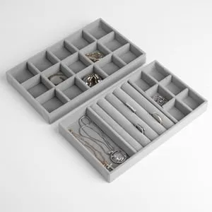 Set 2 Suporturi Organizatoare Bijuterii cu Compartimente, Gri Suede, 21x12,5 cm – poza 2