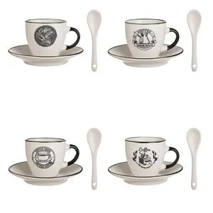 Set Cesti Ceramice cu Farfurioare si Lingurite, 4 Seturi, 90 ml, Alb