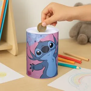 Pusculiță metalică cilindrică cu model Stitch pentru economisire
