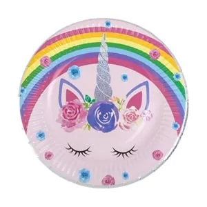 Farfurii de petrecere Unicorn Rainbow cu detalii holografice
