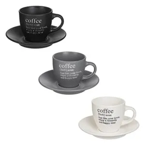 Set 3 Cesti Cafea Ceramice cu Farfurii, 3 Culori Mate, 90ml – poza 2