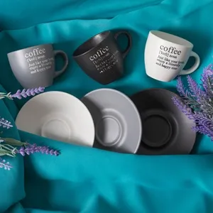 Set 3 Cesti Cafea Ceramice cu Farfurii, 3 Culori Mate, 90ml – poza 3