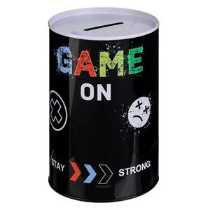 Pusculiță metalică neagră cu model gamer, Ø8x12.5 cm
