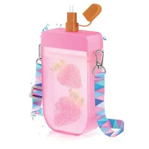 Sticla de apa in forma de inghetata, 350 ml, roz, cu pai si curea