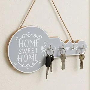 Suport chei din lemn cu 4 carlige, 30x17cm, gri, forma de cheie
