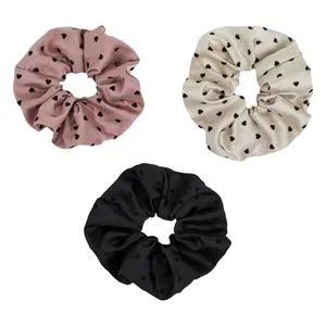 Elastice de păr din satin, Set 3 buc, Roz, Ecru și Negru cu Buline și Inimi