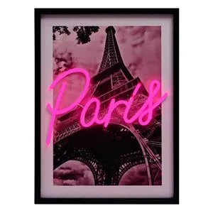 Tablou Decorativ cu Lumina LED Neon, Model Paris, 30x40cm, Roz