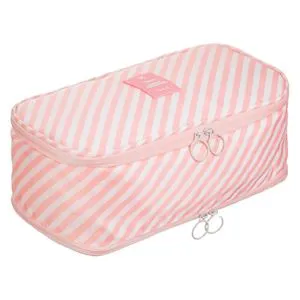 Portfard de călătorie cu 2 compartimente, 28x15x10cm, roz cu dungi albe