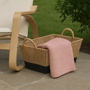 Cos de Depozitare din Sfoara Bej cu Baza Neagra & Manere 35,5x24x20cm – poza 3