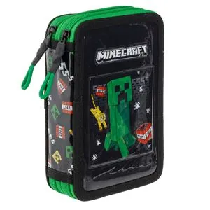 Penar dublu cu model 3D Minecraft, Negru și Verde, 12.5x4x19.5cm, Set complet de accesorii