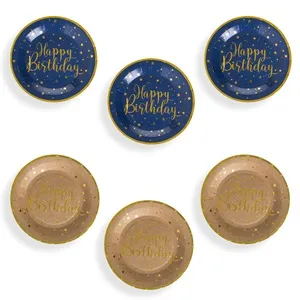 Set de 6 farfurii petrecere kraft albastru cu detalii aurii