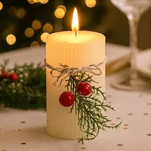 Lumanare decorativă de Crăciun ecru cu dungi reliefate și vas