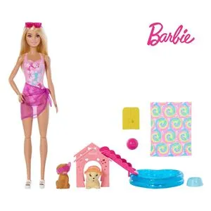 Papusa cu set de joaca la piscina, cu 2 catelusi si accesorii, roz