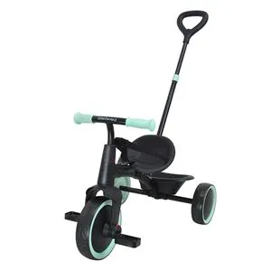 Tricicleta 2 in 1, Neagra cu Accente Verde Menta, Cadru Metalic, cu Centura de Siguranta si Maner pentru Parinte