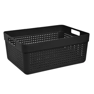 Cos de depozitare din plastic negru cu model perforat si manere, 10L