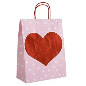 Sacosa cadou din hartie kraft roz cu inima rosie si glitter, 26x12x33cm