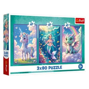 Puzzle Creaturi Fantastice 3 în 1 - Unicorn, Sirena și Dinozaur