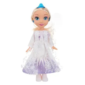 Păpușă Prințesă Blondă cu Rochie Albă și Lila cu Fulgi și Bijuterii, 29 cm