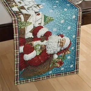 Runner Decorativ de Craciun Tapiserie Albastru Rosu cu Mos Craciun