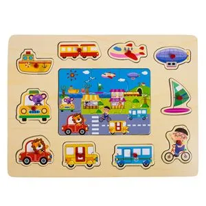 Puzzle din Lemn cu Manere, Drum cu Vehicule de Transport, 10 Piese, 30x22cm, Multicolor