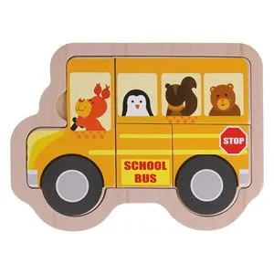Puzzle din Lemn Autobuz Scolar, 4 Piese, 16x12 cm, Galben
