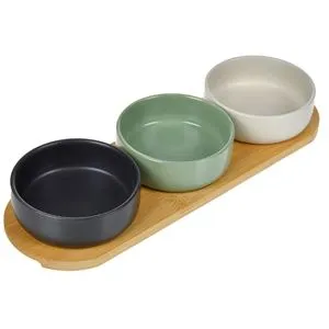 Suport din bambus cu 3 boluri ceramice colorate pentru aperitive