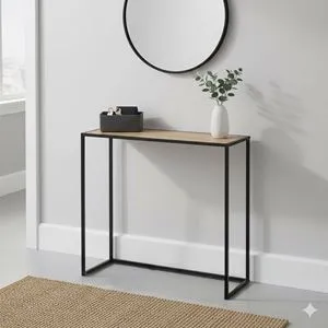 Masuta Auxiliara cu Cadru Metalic Negru si Blat MDF Natural, 56x26x66cm