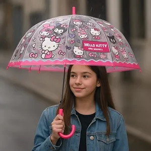 Umbrelă automată fucsia Hello Kitty și Kuromi pentru copii – poza 3