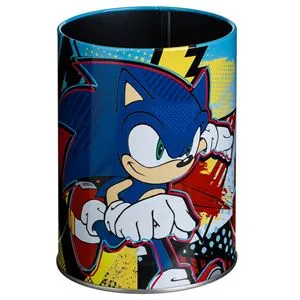 Suport creioane metalic albastru cu model Sonic, Ø8x10cm