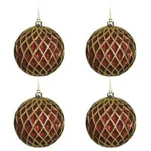 Set Globuri de Craciun Bordo cu Romburi Reliefate Mate și Glitter Auriu Ø10cm -