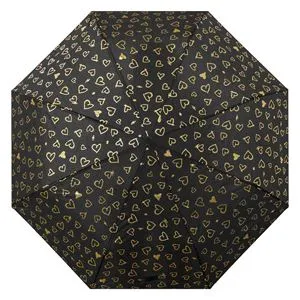 Umbrelă Pliabilă Manuală Neagră cu Inimi Aurii și Mâner Curbat 27cm