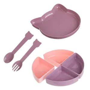 Set Servit Masa pentru Copii cu Furculita si Lingura, Model Pisica, Roz, 7 Piese – poza 3