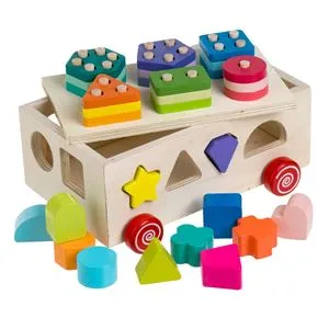 Sortator de Forme din Lemn, Vehicul de Tras Multicolor pentru Copii