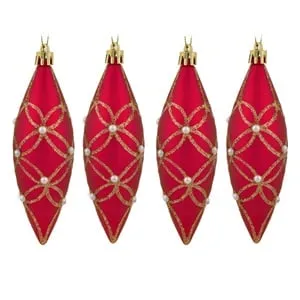 Set de 4 Ornamente Brad de Craciun – Ros Mat cu Glitter Aur și Margele Albe