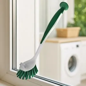 Perie pentru farfurii verde cu maner ergonomic și ventuză
