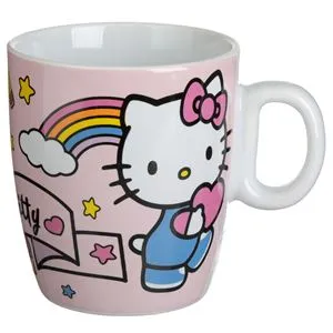 Cana mini portelan Hello Kitty, roz cu curcubeu si stelute, 220ml