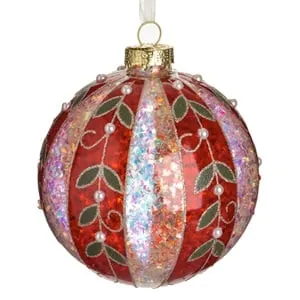 Ornament Brad de Craciun glob din sticla cu glitter roșu