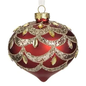 Ornament Brad de Craciun Glob Onion din Sticla Rosu Mat cu Glitter
